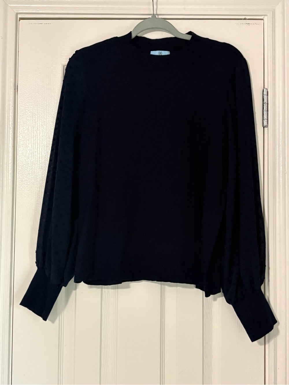 CeCe Deep Navy Crewneck Sweater with Swiss Dot Textured Balloon Sleeves